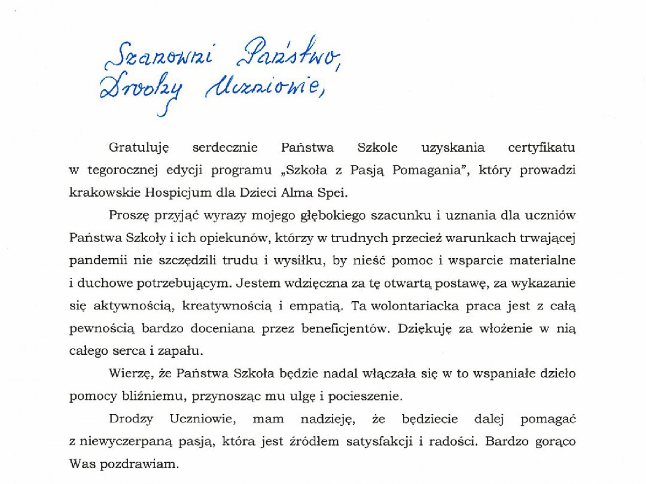 Certyfikat  Szkoła z pasją pomagania